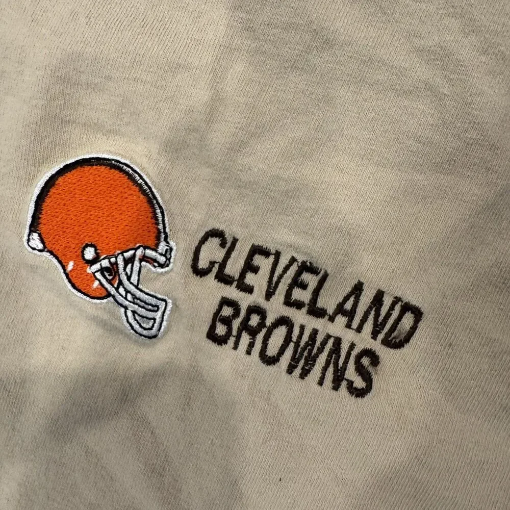 Vintage Logo Athletic Beige V Neck Embroidered Cleveland Browns T-Shirt; Mens XL